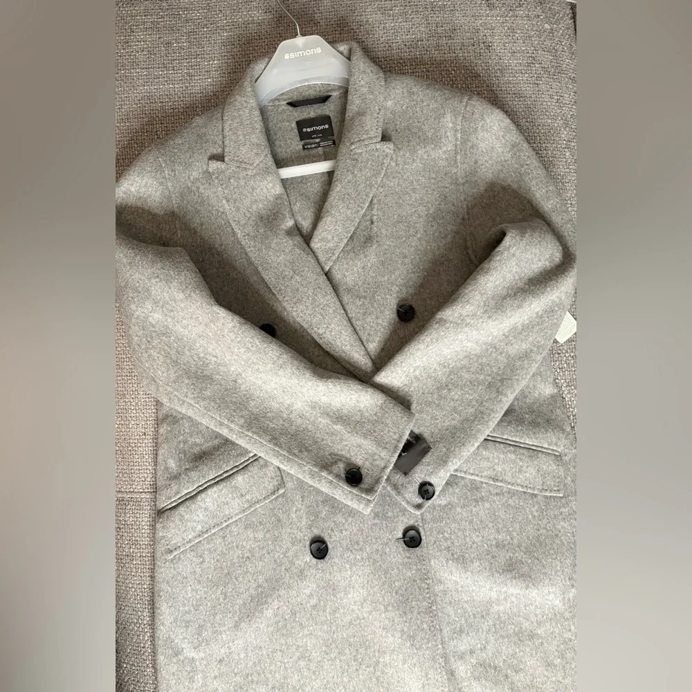 Simons Recycled Wool Blend Gray Double-Breasted Long Overcoat L/XL - Picture 11 of 14